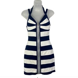 BeBe Navy Blue & White Stripe Front Zip Bodycon Dress M